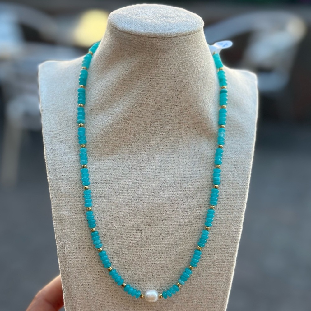 Handmade Vibrant Blue Gemstone Freshwater Pearl Necklace